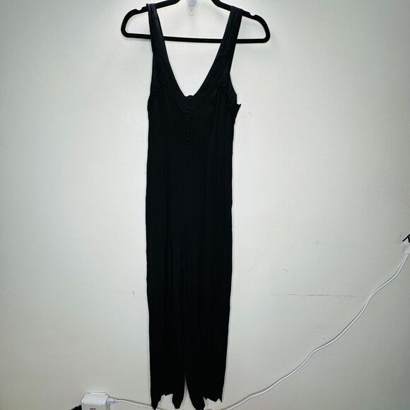 Taylor & Sage Black Semi-Sheer V Neck Button & Loop Front Wide Leg Jumpsuit S - Picture 4 of 16